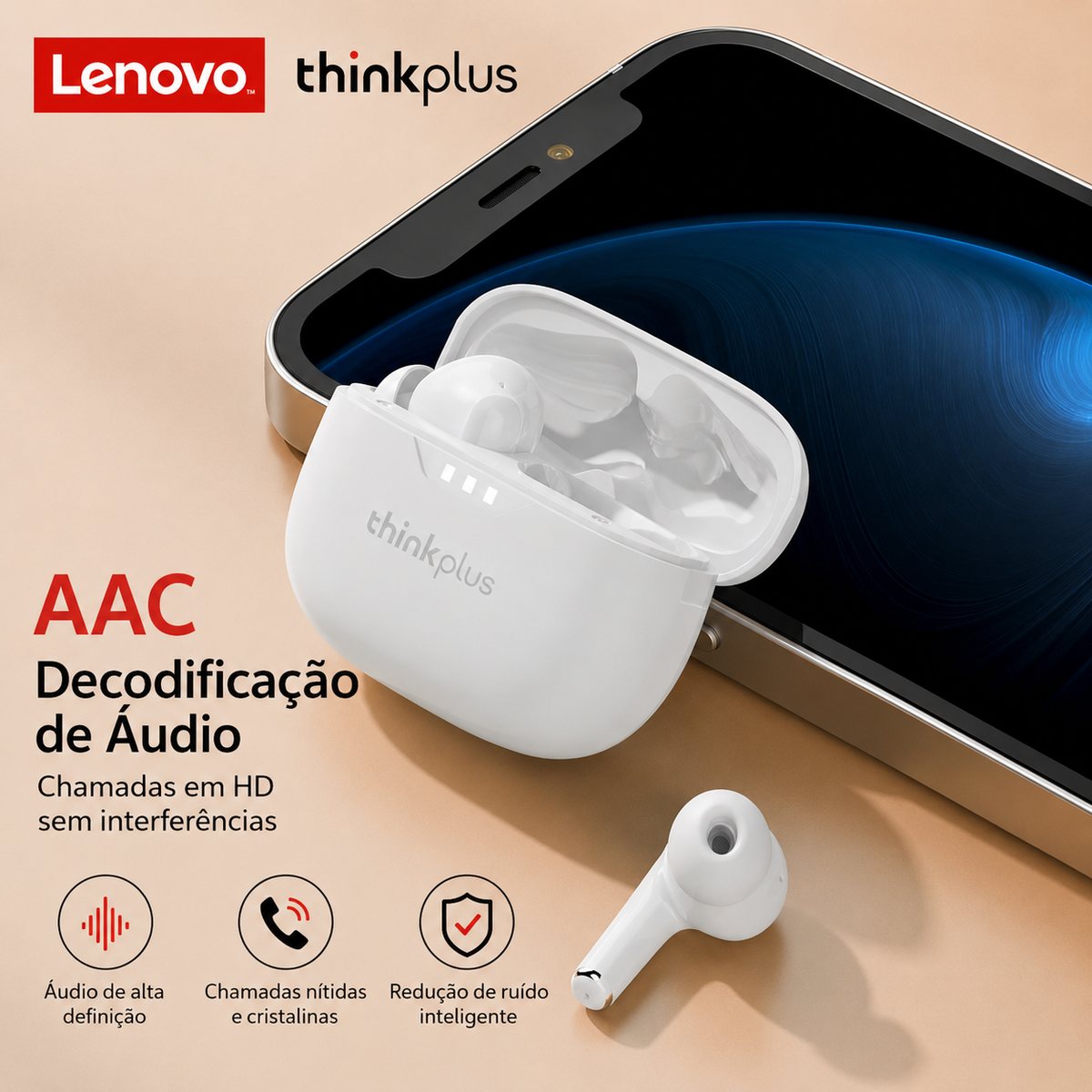 Fone de Ouvido Lenovo Bluetooth 5.2 com Redução de Ruído e Baixa Latência para Esportes