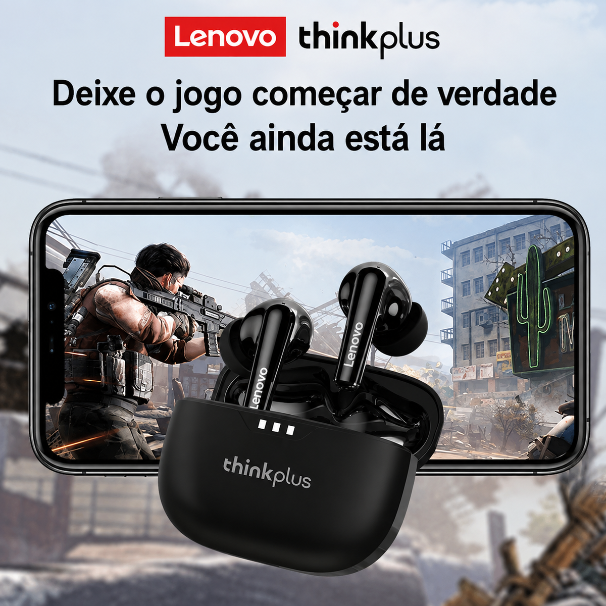 Fone de Ouvido Lenovo Bluetooth 5.2 com Redução de Ruído e Baixa Latência para Esportes