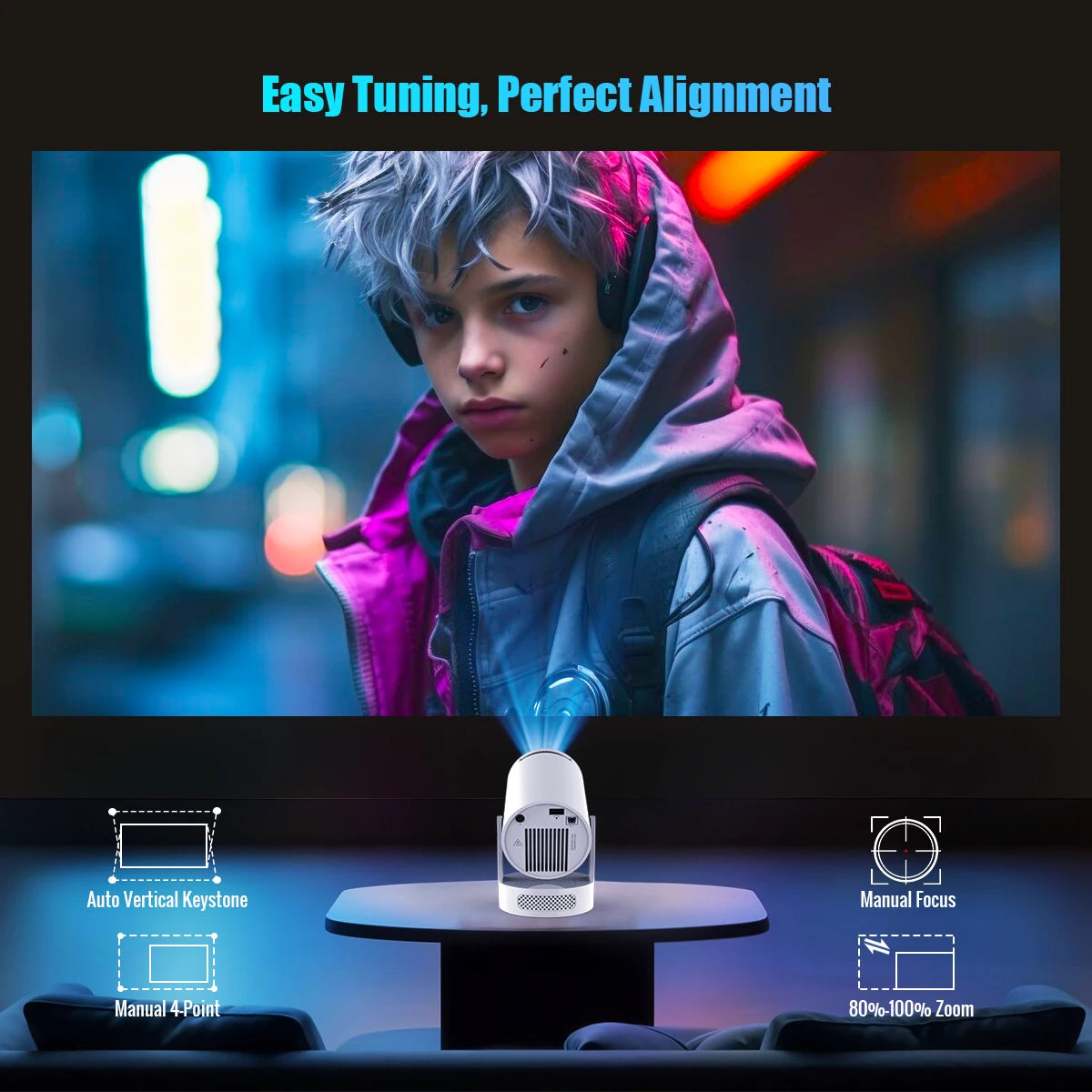 Projetor Portátil 8K Wifi6 290ANSI Android 14 Dual WIFI Allwinner H726 BT5.4 1280*720P Cinema em Casa